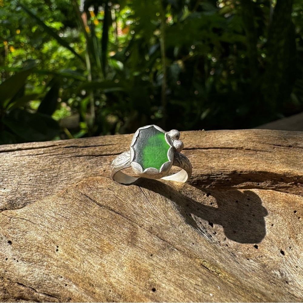 green sea glass natural floral sterling & fine silver - Picture 2 of 3